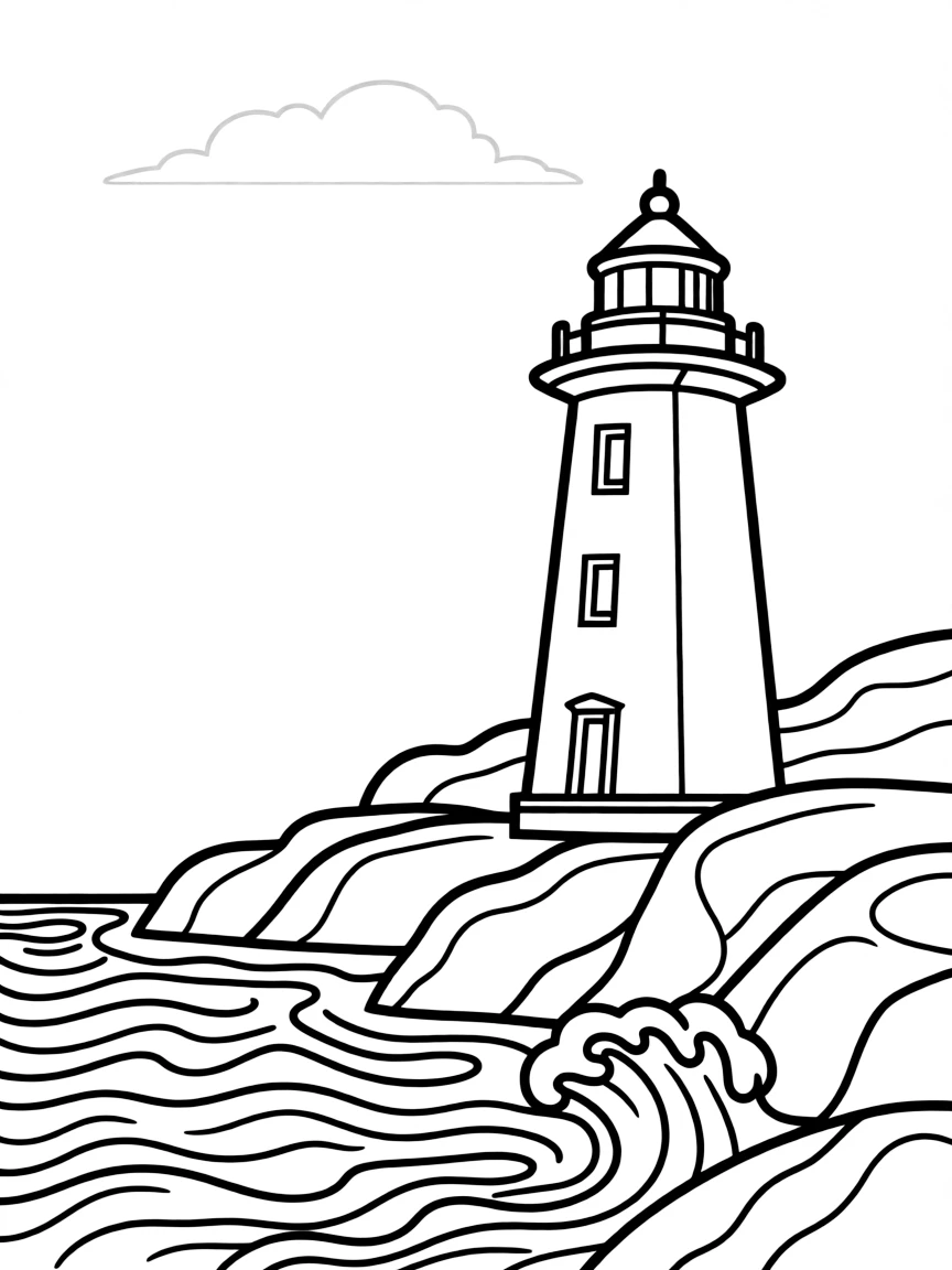 (United States) A lighthouse on a rocky New England coastline with waves