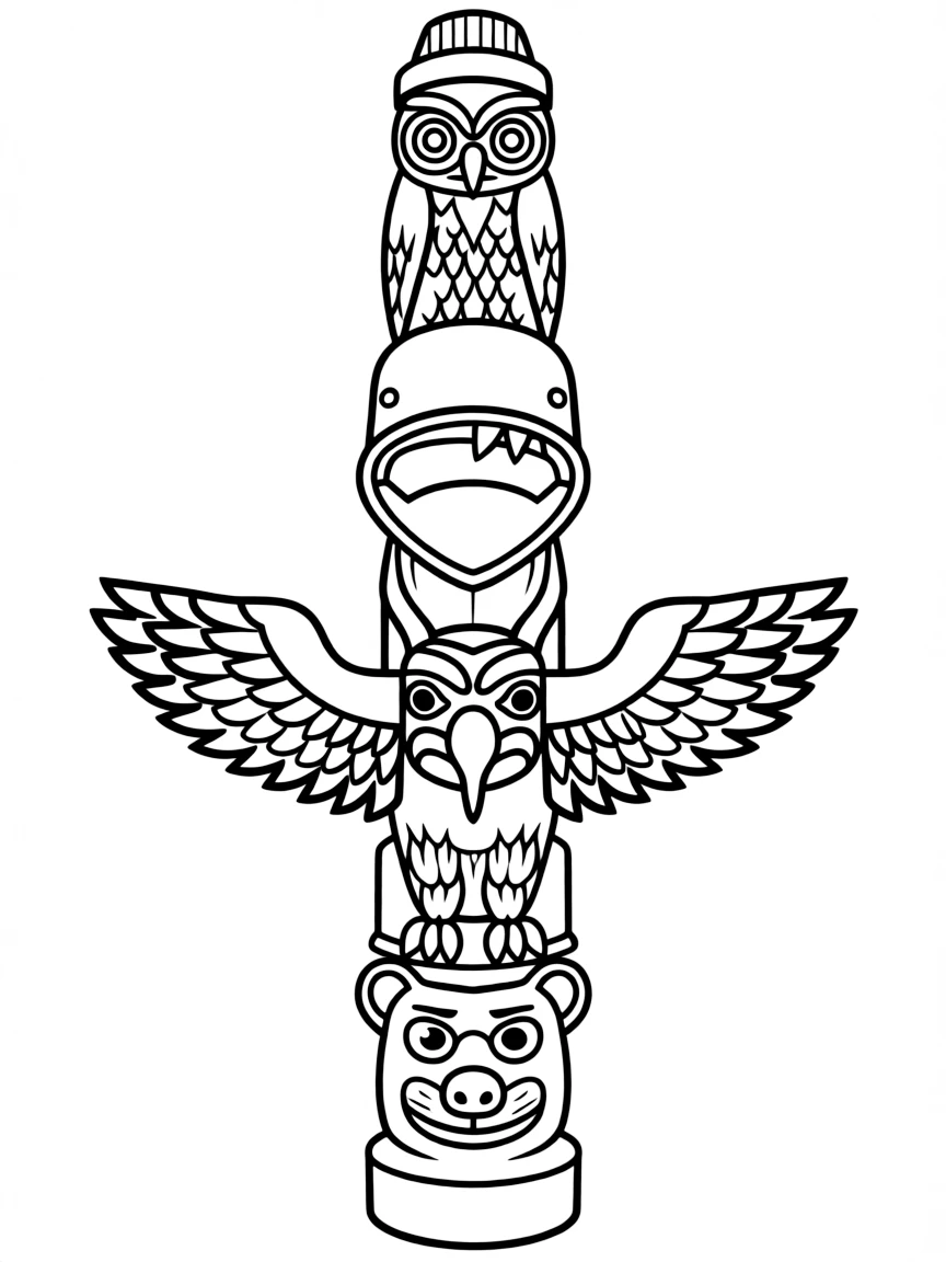 (United States) A tall totem pole carved with animal figures in the Pacific Northwest