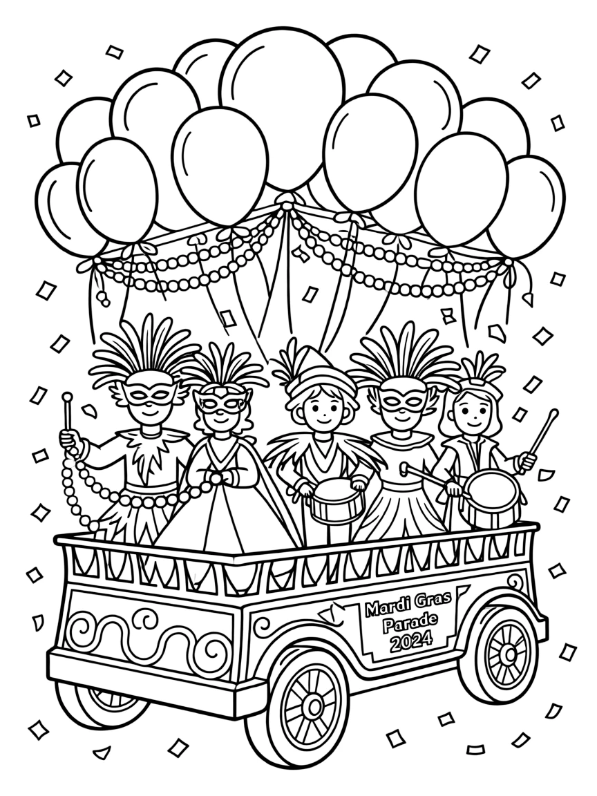 (United States) A colorful Mardi Gras parade float with people in masks and costumes
