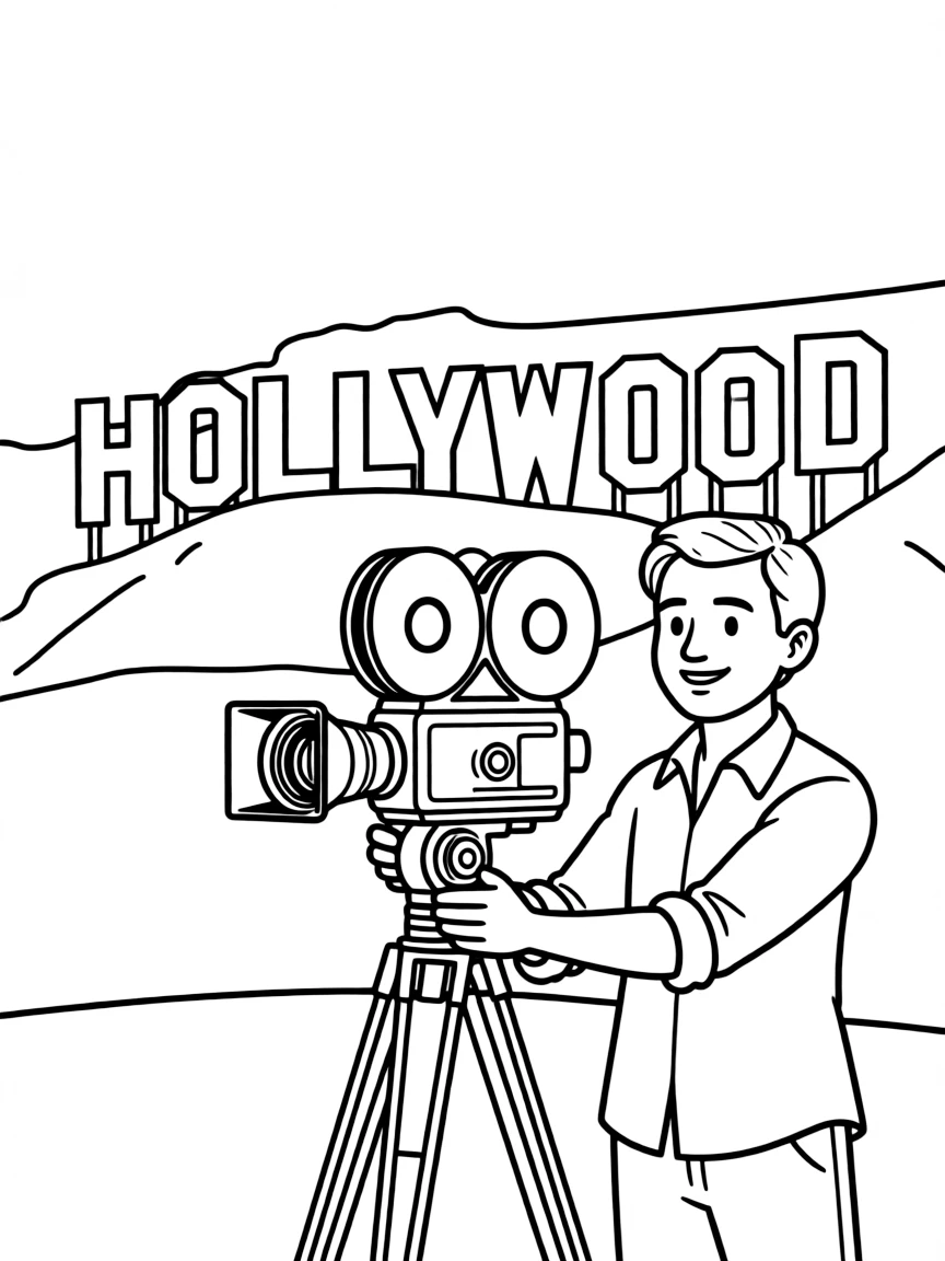 (United States) A Hollywood film director with a camera in front of the Hollywood sign