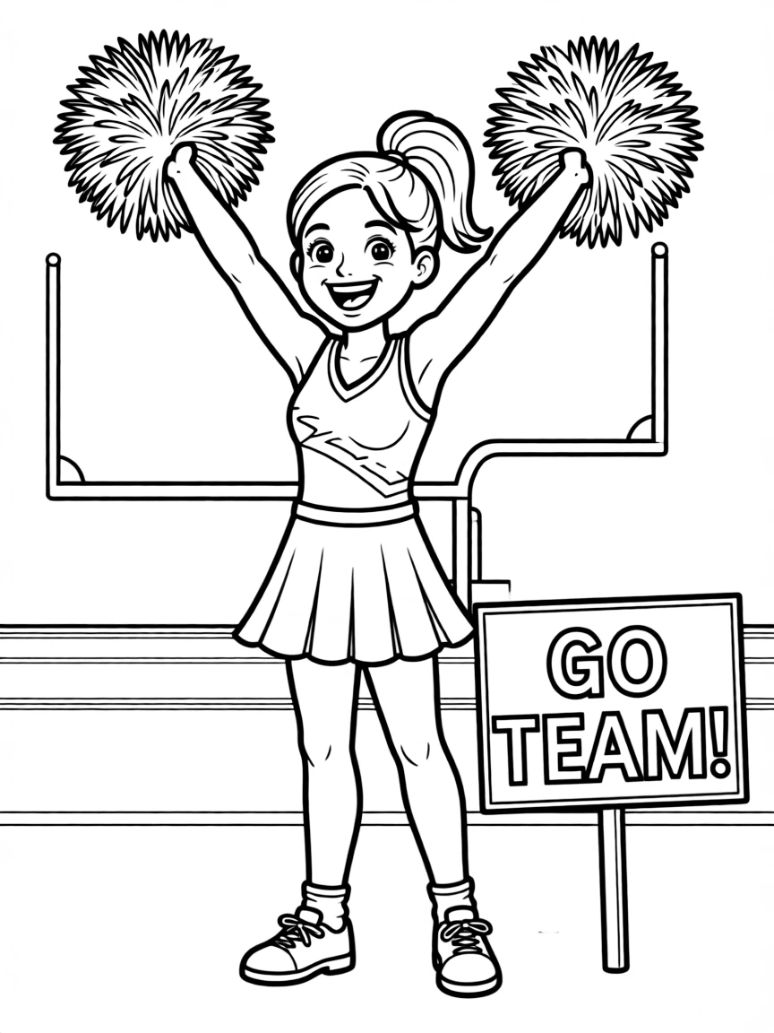 (United States) A cheerleader with pom-poms leading a cheer on the sidelines