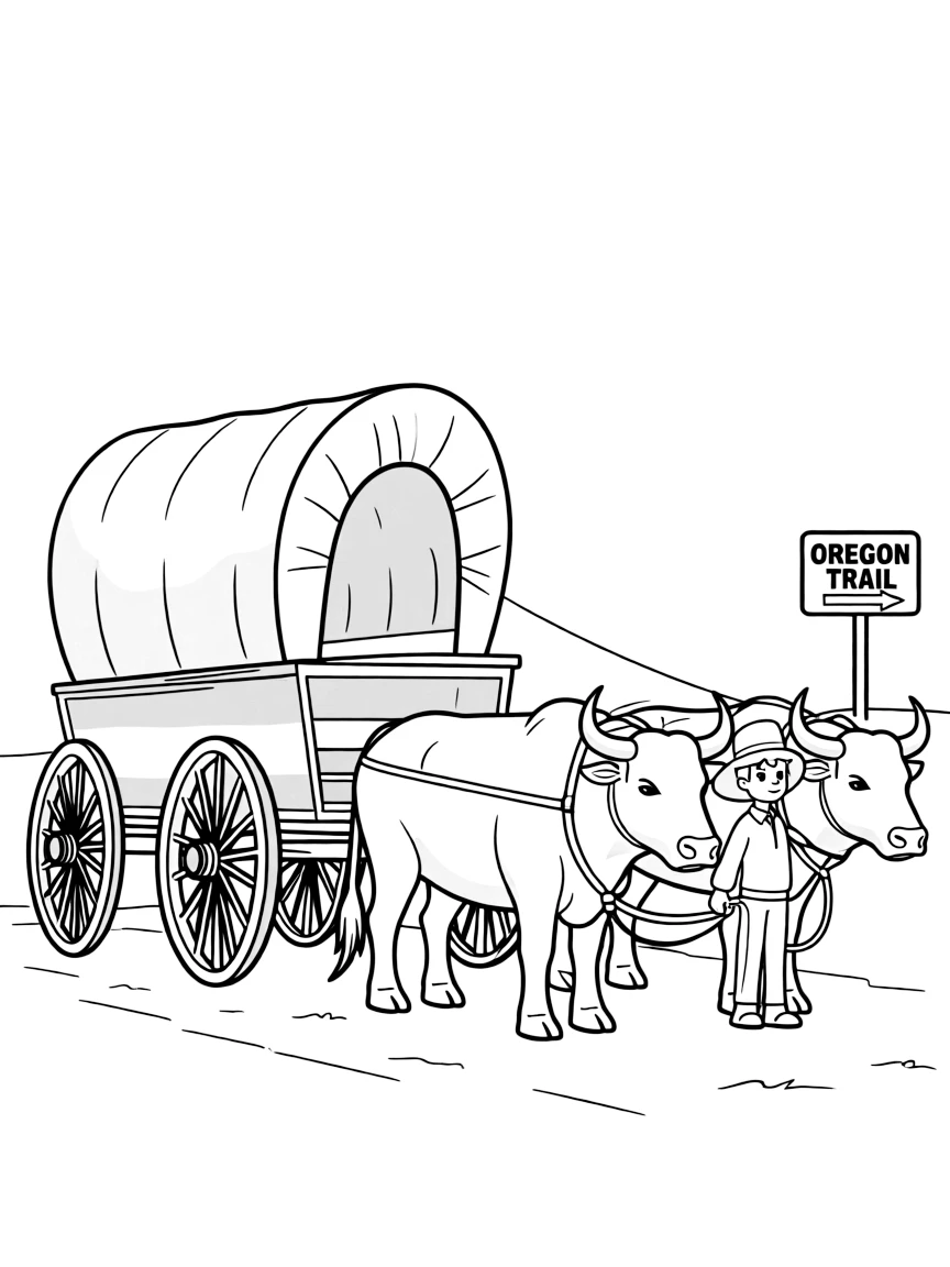 (United States) A covered wagon on the Oregon Trail being pulled by oxen