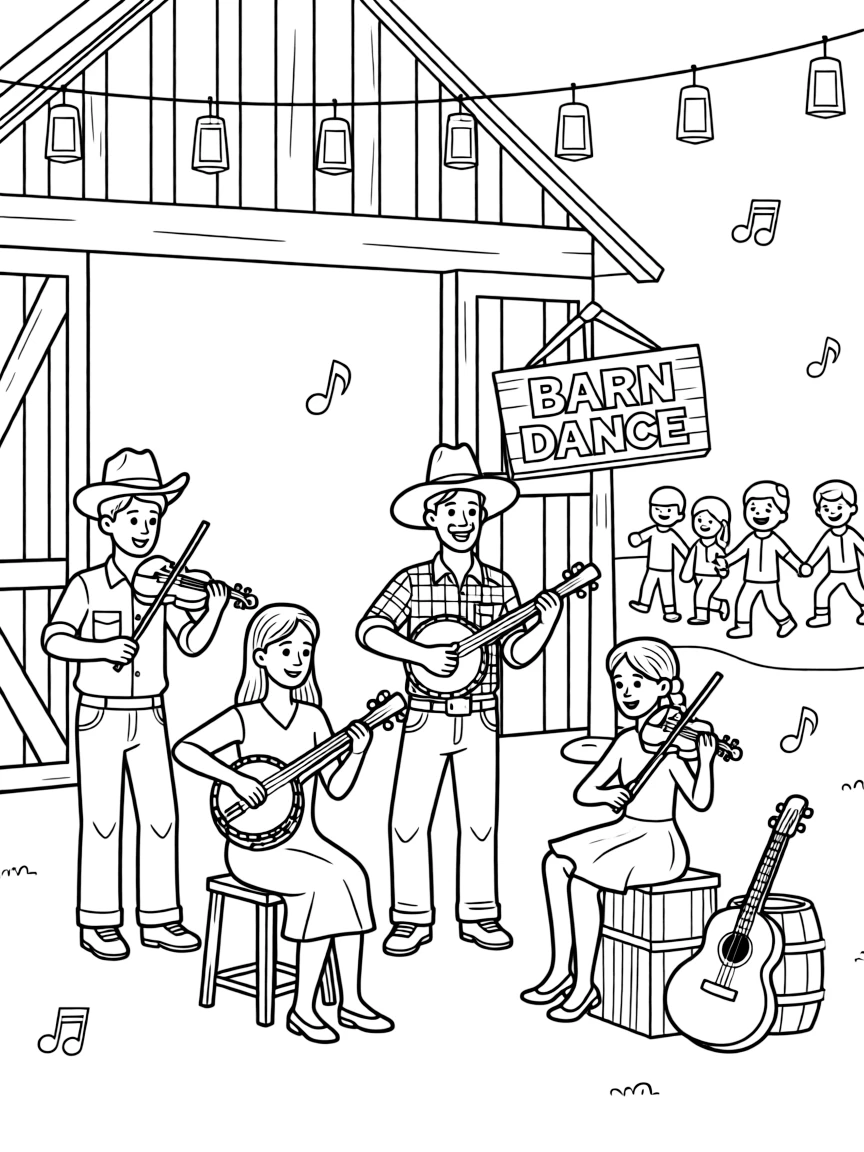 (United States) A country music band playing fiddles and banjos at a barn dance