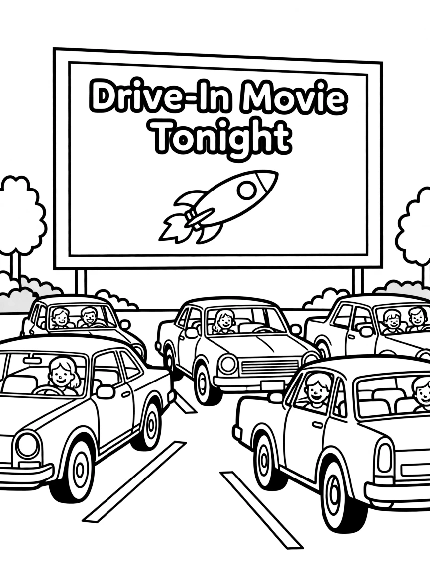 (United States) Cars lined up at a drive-in movie theater watching a film