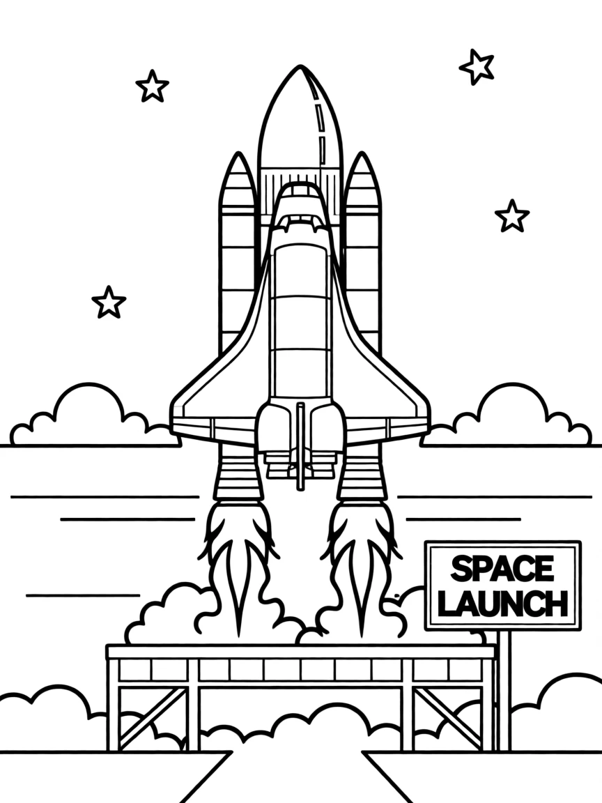 (United States) A space shuttle blasting off from a launch pad into the sky