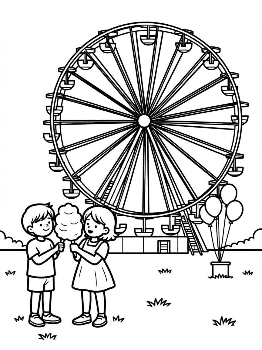 (United States) A county fair with a Ferris wheel and kids eating cotton candy