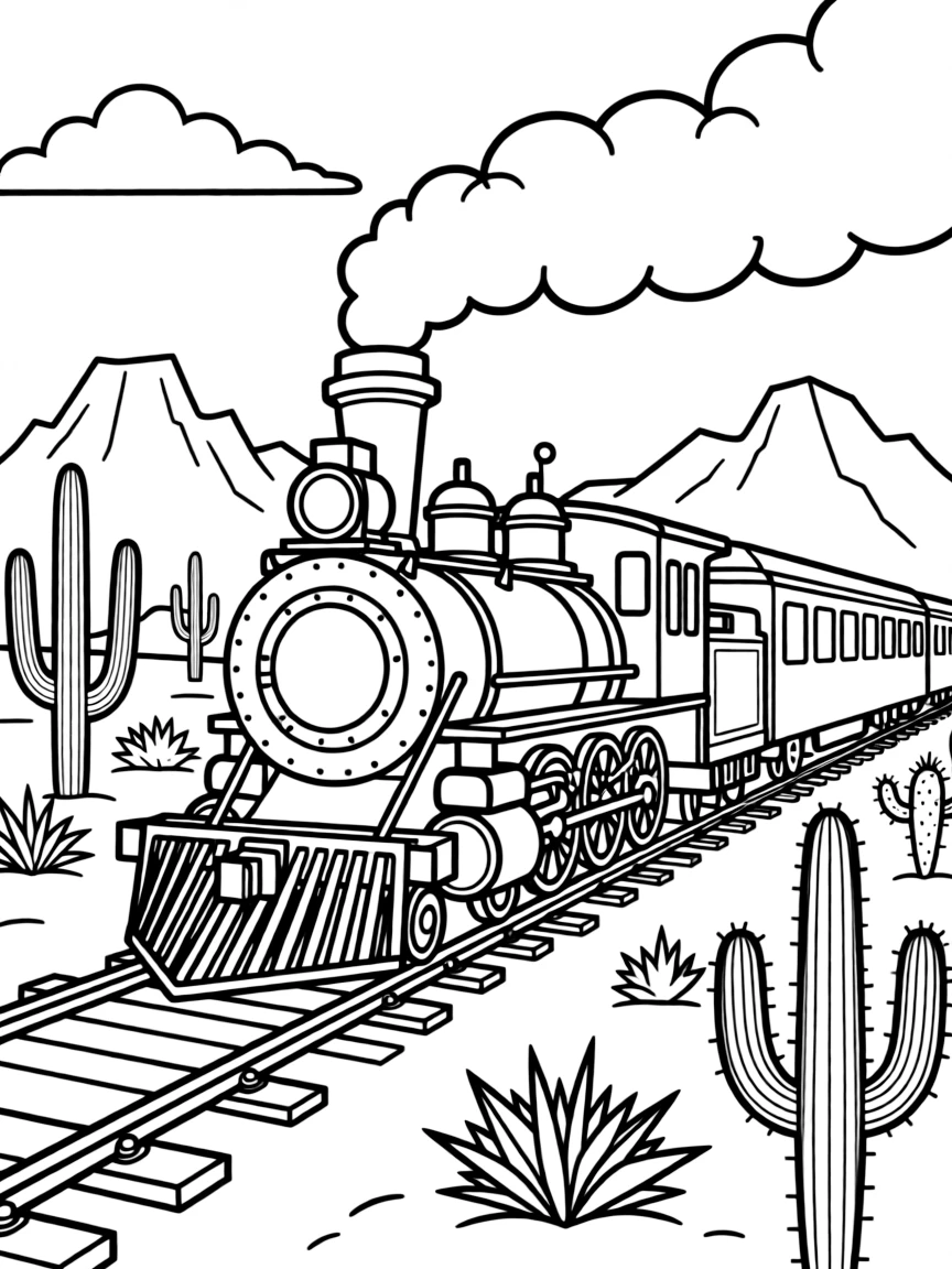 (United States) An old-fashioned steam locomotive chugging through the Wild West past mountains and cacti