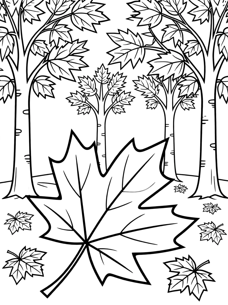 (Canada) A maple leaf and maple trees with leaves turning red and orange in autumn