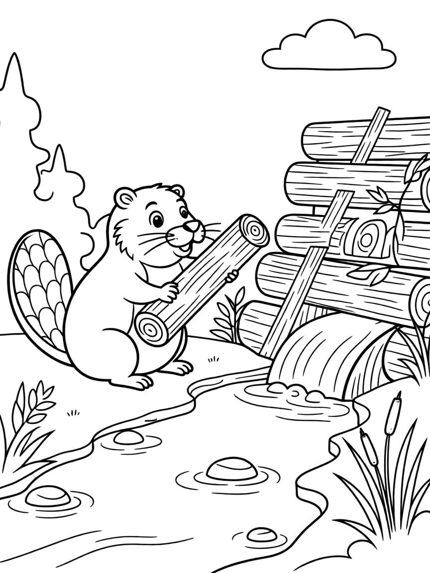 (Canada) A beaver building a dam with logs in a stream
