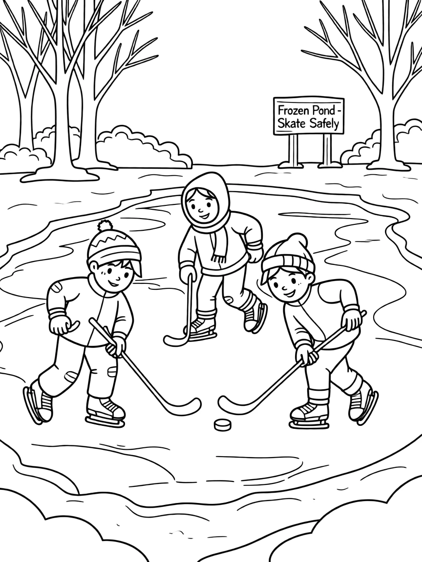 (Canada) Children playing ice hockey on a frozen pond
