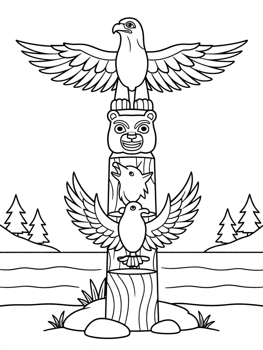 (Canada) A tall totem pole carved with animal spirits on the Pacific coast