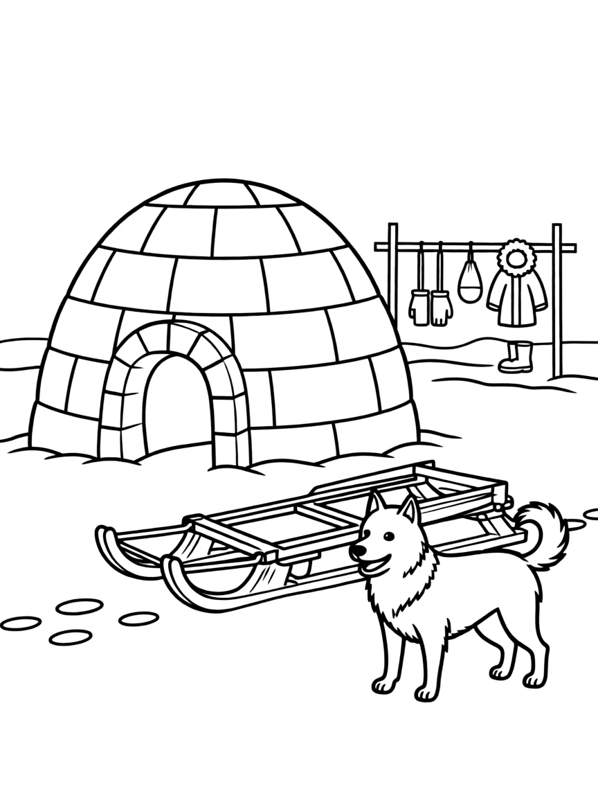 (Canada) An Inuit igloo in the Arctic with a dog sled outside