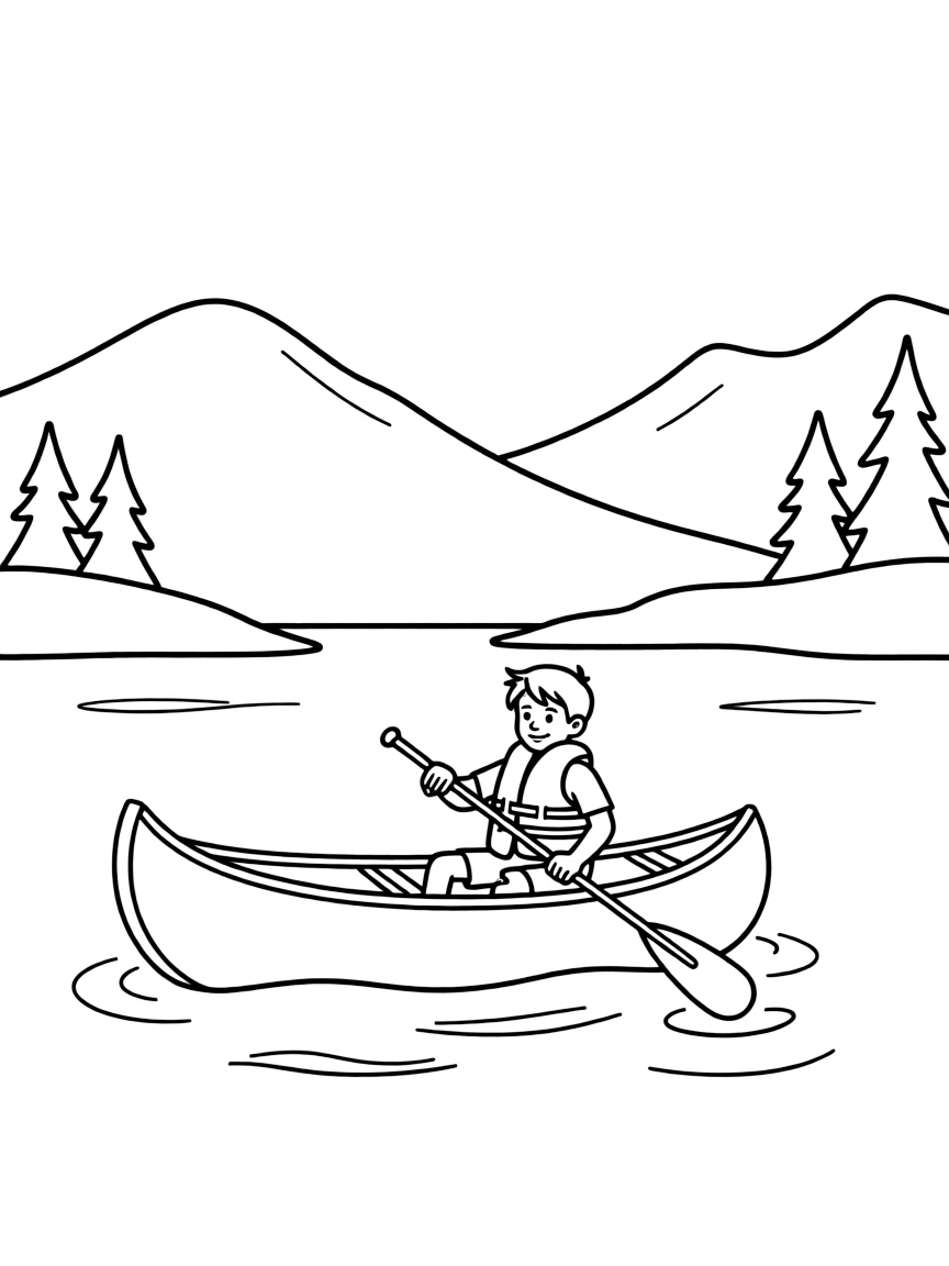 (Canada) A red canoe paddling on a calm lake in a national park with mountains