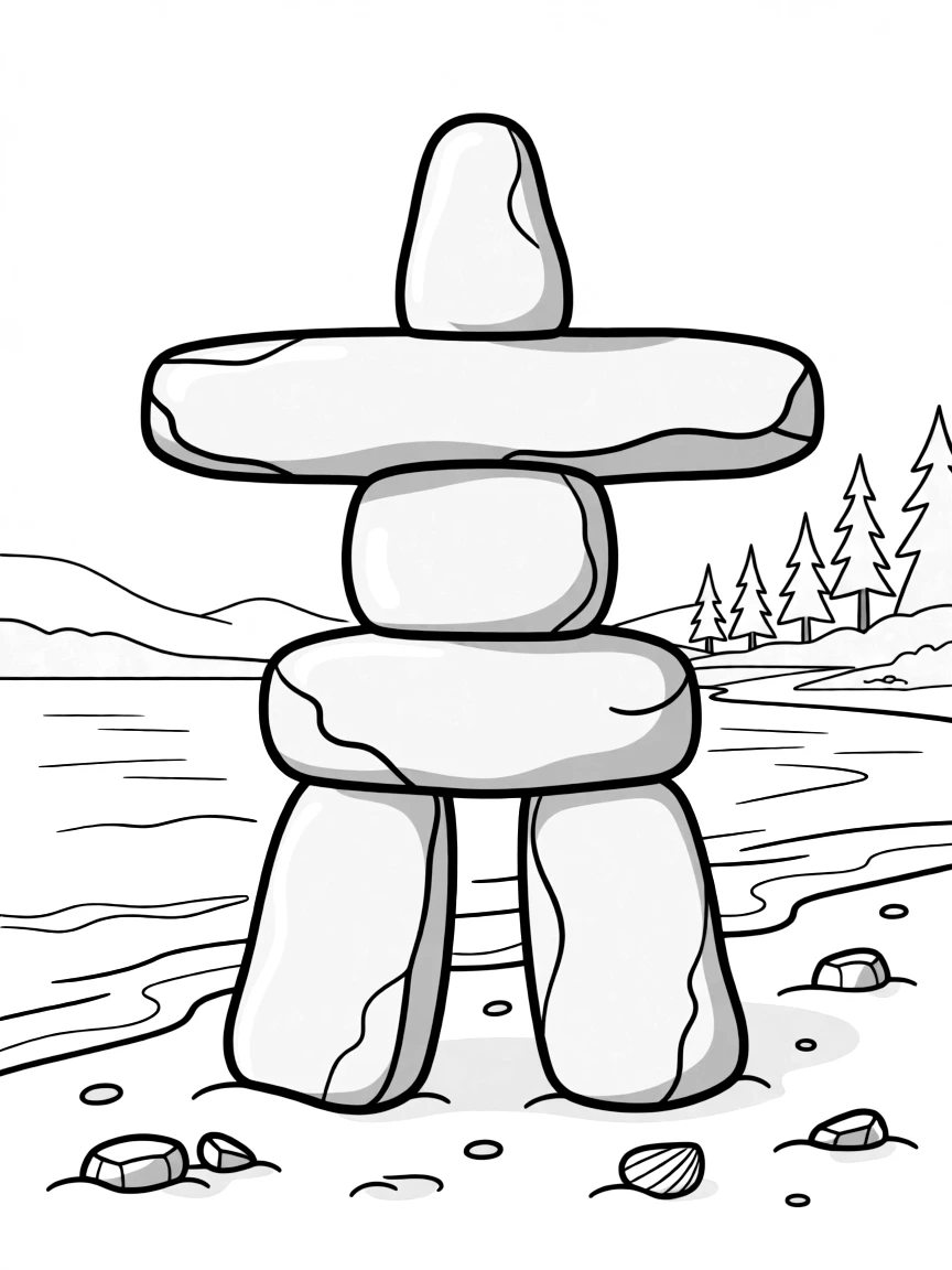(Canada) An inukshuk (stone cairn figure) built by the shore
