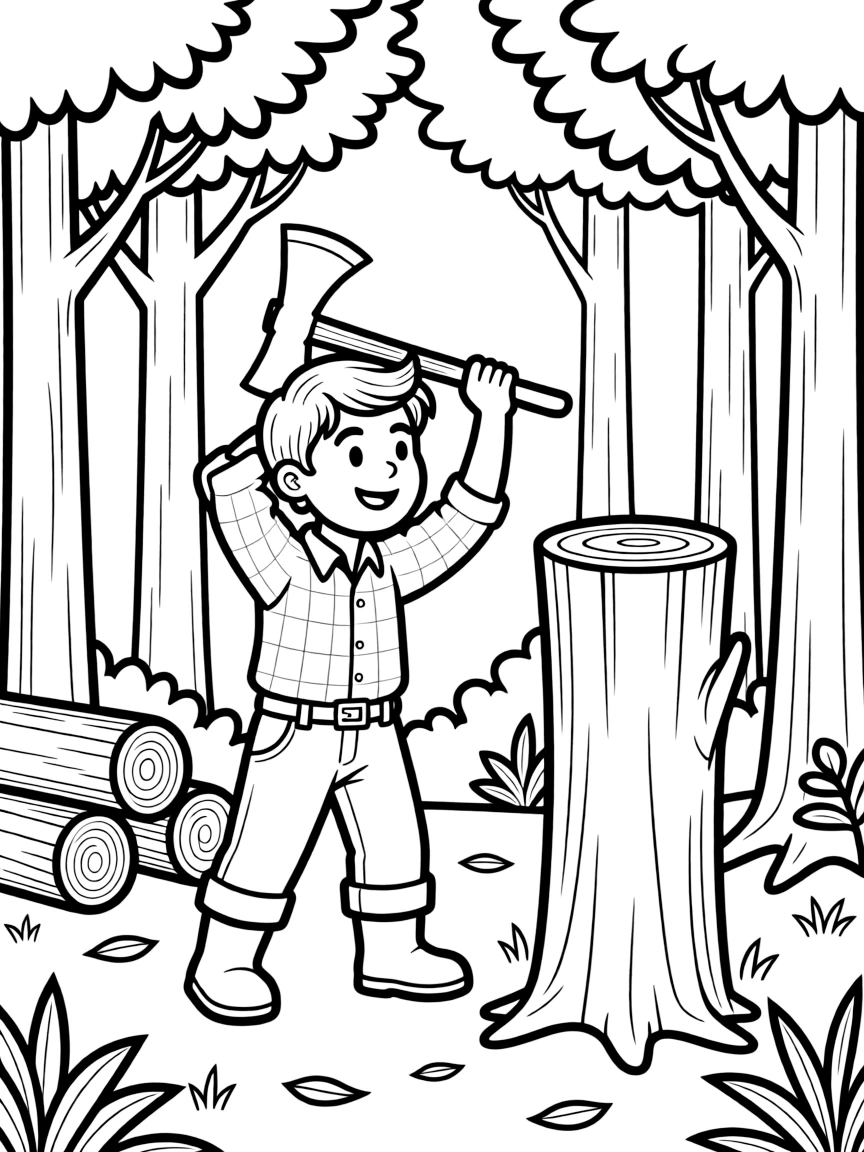 (Canada) A lumberjack in a plaid shirt chopping wood in a forest