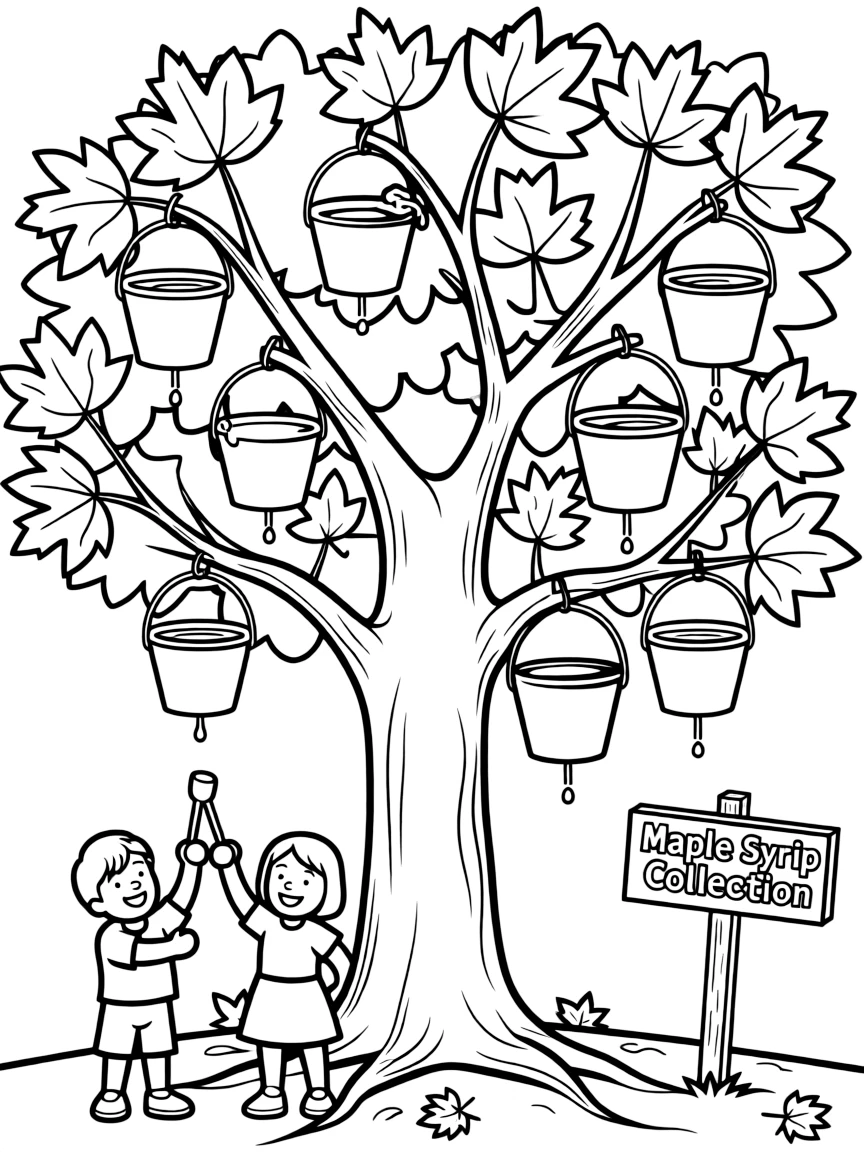 (Canada) Buckets hanging from maple trees to collect sap for maple syrup