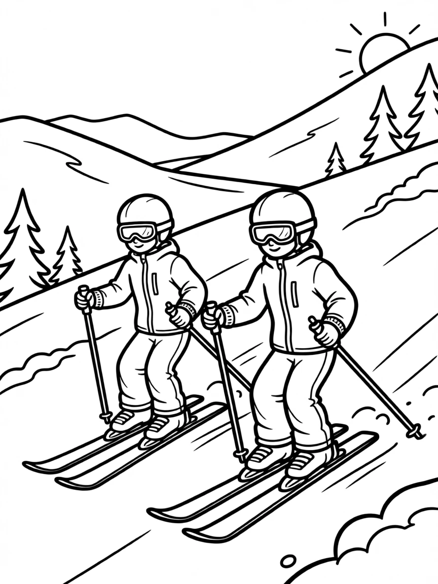 (Canada) Skiers going down a snowy mountain slope