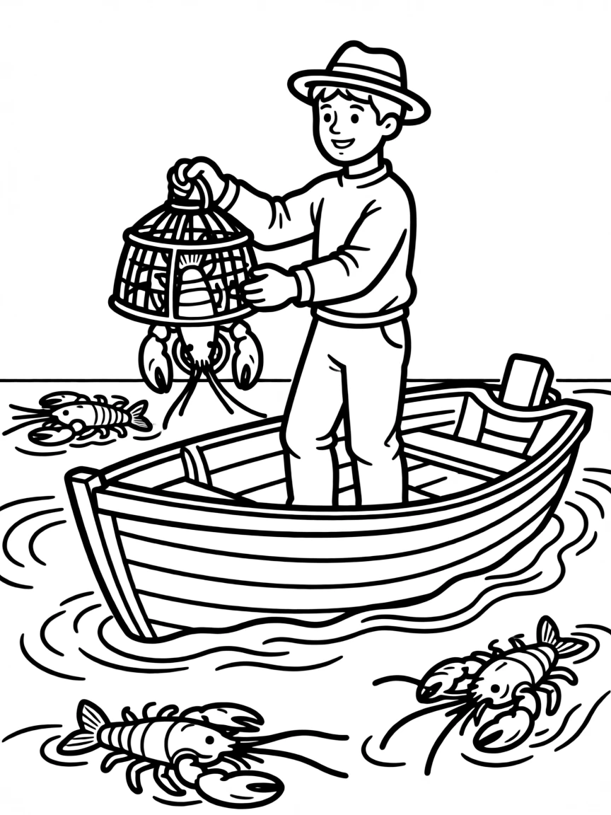 (Canada) A fisherman in a boat catching Atlantic lobsters