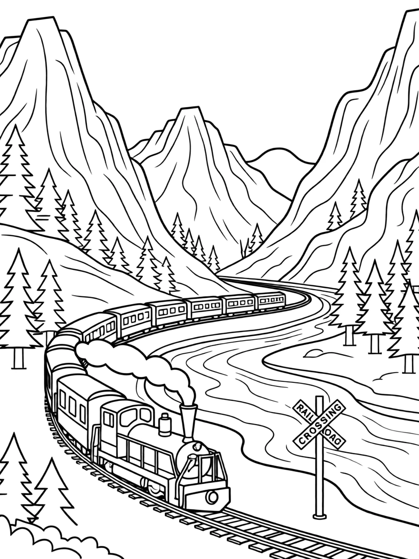(Canada) A train winding through the Rocky Mountains past forests and rivers