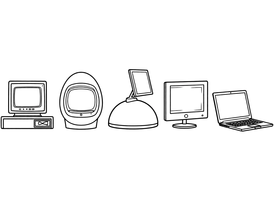 A left-to-right timeline lineup of computer designs evolving through the decades: starting with a boxy vintage all-in-one computer with a small built-in screen and floppy disk slot, followed by a colorful translucent egg-shaped all-in-one desktop computer, then a dome-based computer with a thin floating flat screen on an adjustable arm, then a sleek slim all-in-one desktop with a large flat screen, and ending with a thin modern laptop shown open at an angle. No logos or brand markings, generic computer shapes only.