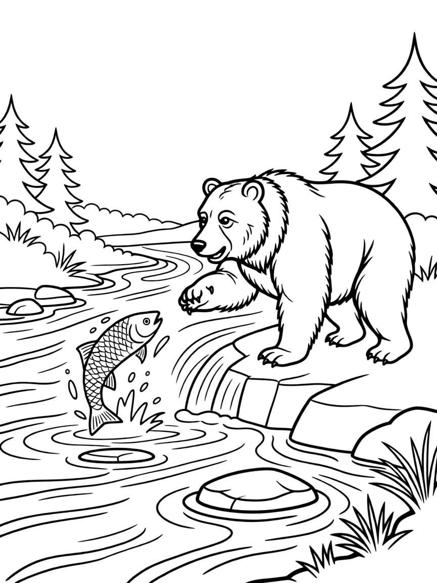 (Canada) A grizzly bear catching salmon from a rushing river