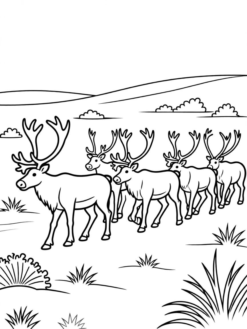 (Canada) A caribou (reindeer) herd trekking across the tundra