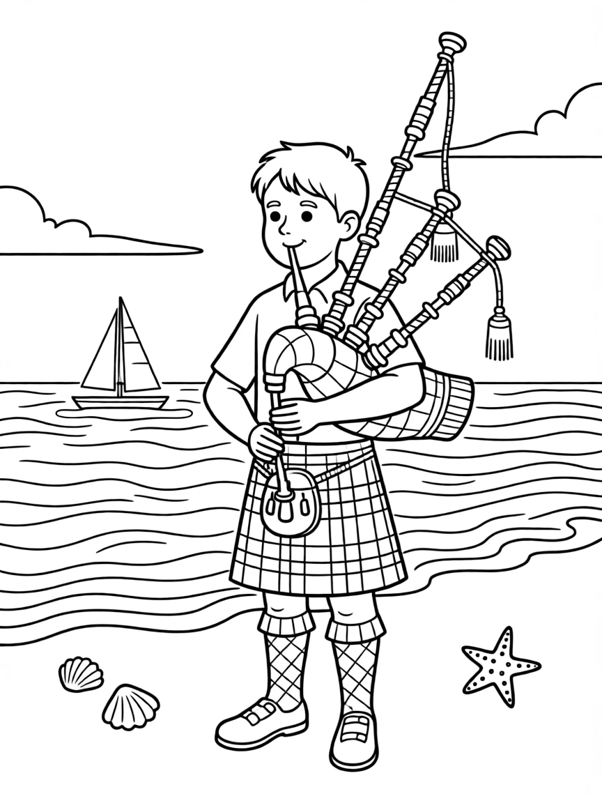 (Canada) A Nova Scotia bagpiper in a kilt playing by the seaside