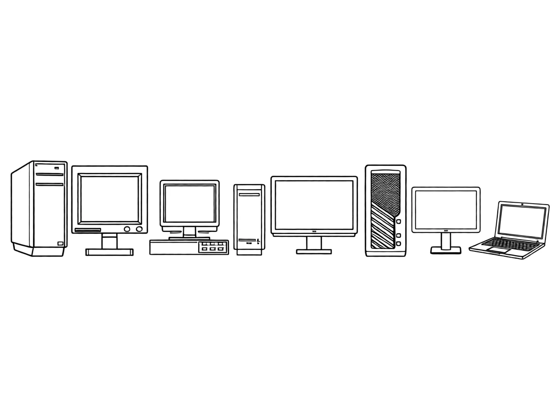 (generations of PC) A left-to-right timeline lineup of desktop computer designs evolving through the decades: starting with a large boxy beige tower and matching bulky CRT monitor with control knobs, followed by a slightly slimmer beige desktop tower with a chunky flat-fronted monitor, then a black or gray mid-tower case with a widescreen flat-panel monitor and visible front USB ports, then a slim modern tower with mesh vents and RGB-style accent lines paired with a thin-bezel monitor, and ending with a modern ultrabook laptop shown open at an angle. No logos or brand markings, generic computer shapes only.