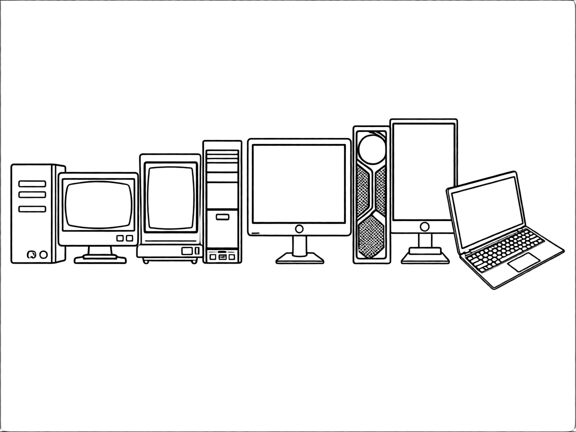 (PC evolution) A left-to-right timeline lineup of desktop computer designs evolving through the decades: starting with a large boxy beige tower and matching bulky CRT monitor with control knobs, followed by a slightly slimmer beige desktop tower with a chunky flat-fronted monitor, then a black or gray mid-tower case with a widescreen flat-panel monitor and visible front USB ports, then a slim modern tower with mesh vents and RGB-style accent lines paired with a thin-bezel monitor, and ending with a modern ultrabook laptop shown open at an angle. No logos or brand markings, generic computer shapes only.