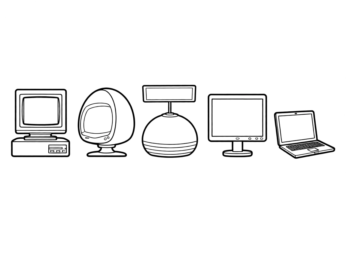 (Mac evolution) A left-to-right timeline lineup of computer designs evolving through the decades: starting with a boxy vintage all-in-one computer with a small built-in screen and floppy disk slot, followed by a colorful translucent egg-shaped all-in-one desktop computer, then a dome-based computer with a thin floating flat screen on an adjustable arm, then a sleek slim all-in-one desktop with a large flat screen, and ending with a thin modern laptop shown open at an angle. No logos or brand markings, generic computer shapes only.