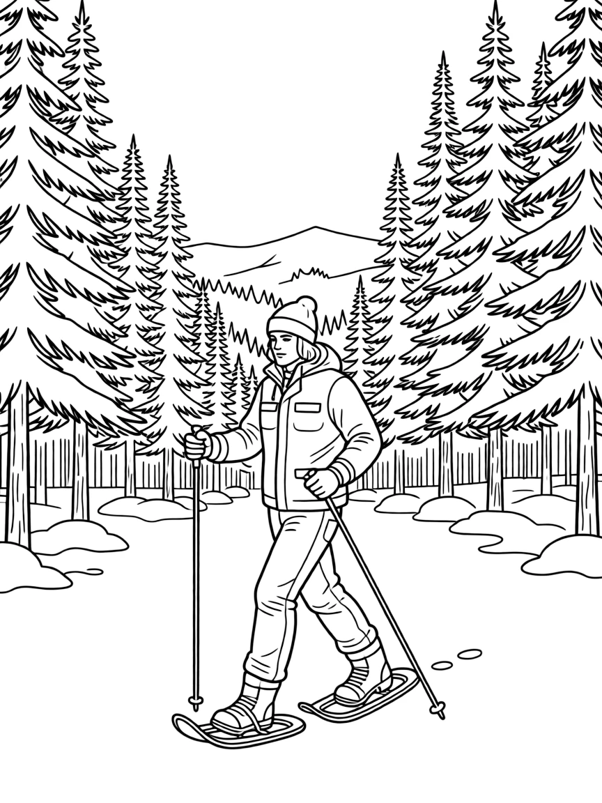 (Canada) A person snowshoeing through a quiet winter forest