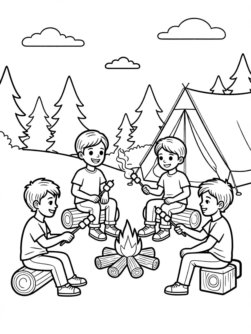 (Canada) A group of friends roasting marshmallows over a campfire while camping