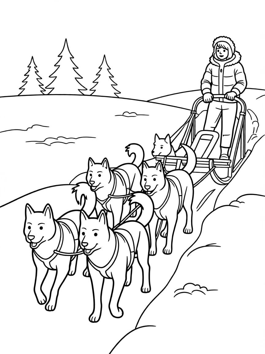 (Canada) A team of sled dogs pulling a sled through the snow