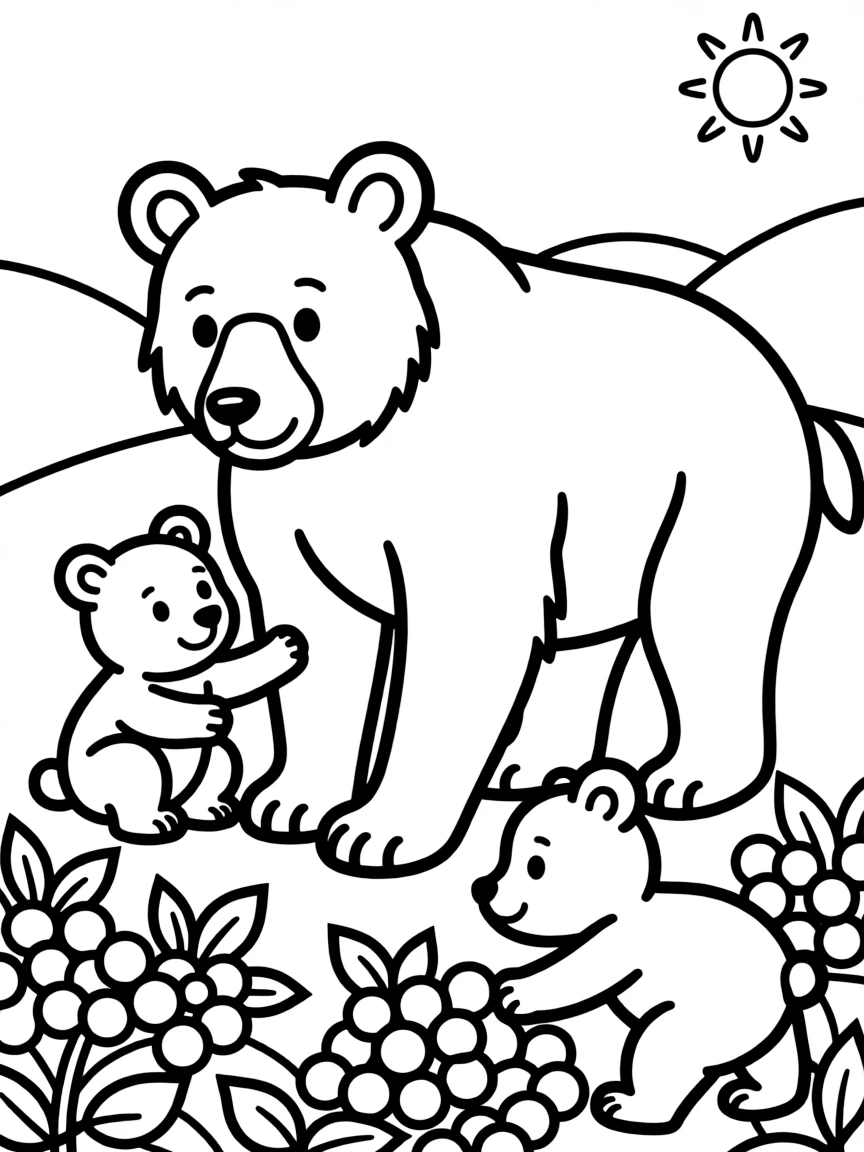 (Canada) A mother black bear with two cubs in a berry patch
