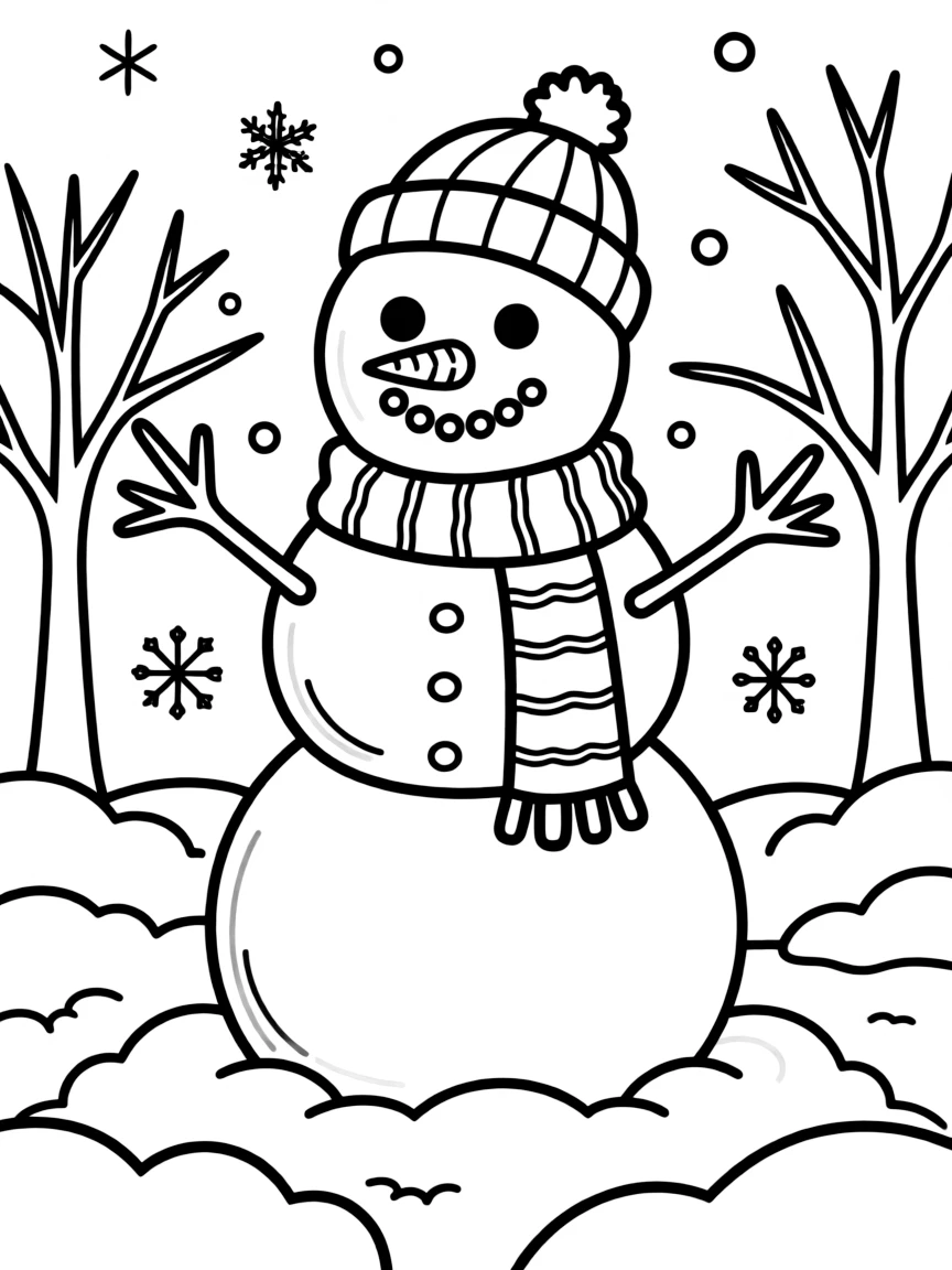 (Canada) A snowman wearing a scarf and toque (winter hat) in a snowy yard