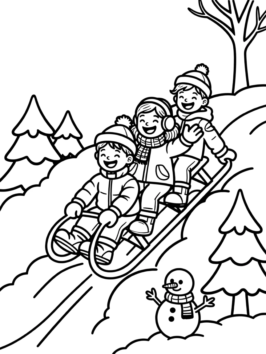 (Canada) A toboggan sliding down a snowy hill with kids laughing
