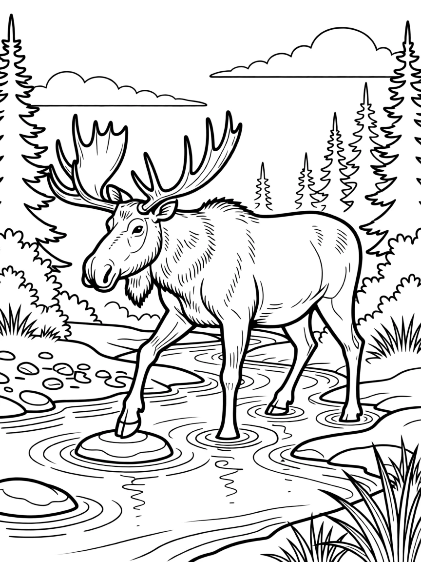 (Canada) A bull moose crossing a shallow stream in the wilderness