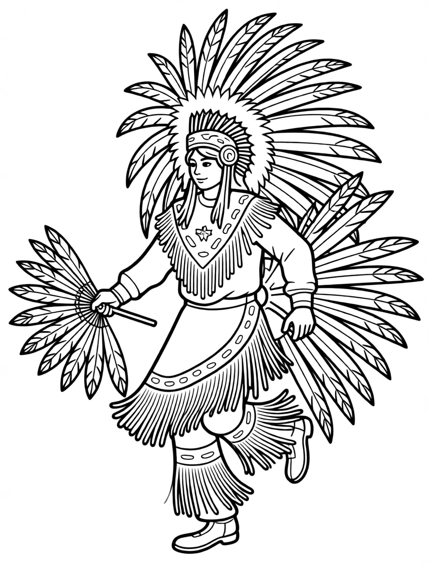 (Canada) A First Nations powwow dancer in traditional dress with feathers
