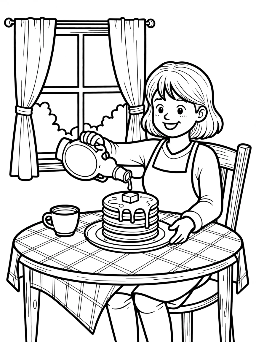 (Canada) A person pouring maple syrup on pancakes at a cozy kitchen table