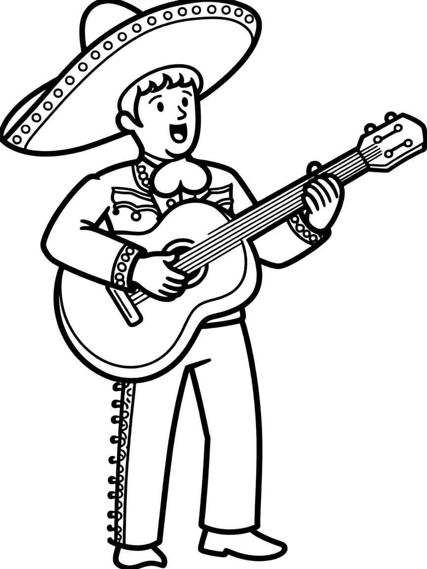 (Mexico) A mariachi musician in a charro suit playing a guitar and singing