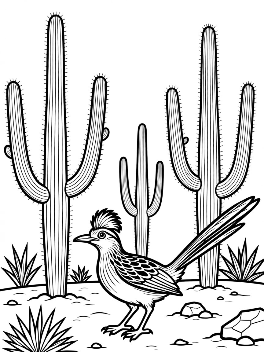 (Mexico) A desert scene with tall saguaro cacti and a roadrunner bird