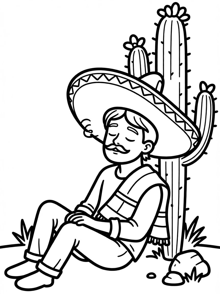 (Mexico) A man with a sombrero and serape taking a nap against a cactus