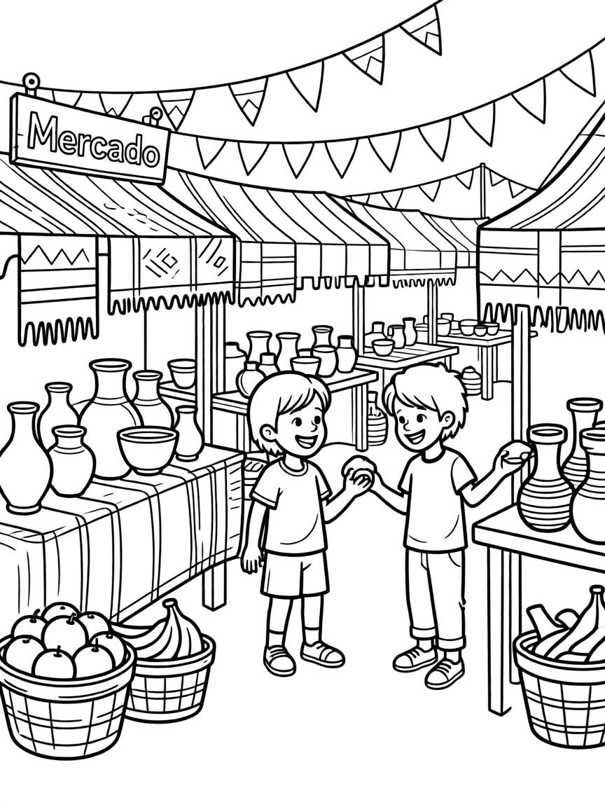 (Mexico) A bustling market (mercado) with colorful blankets, pottery, and fruits