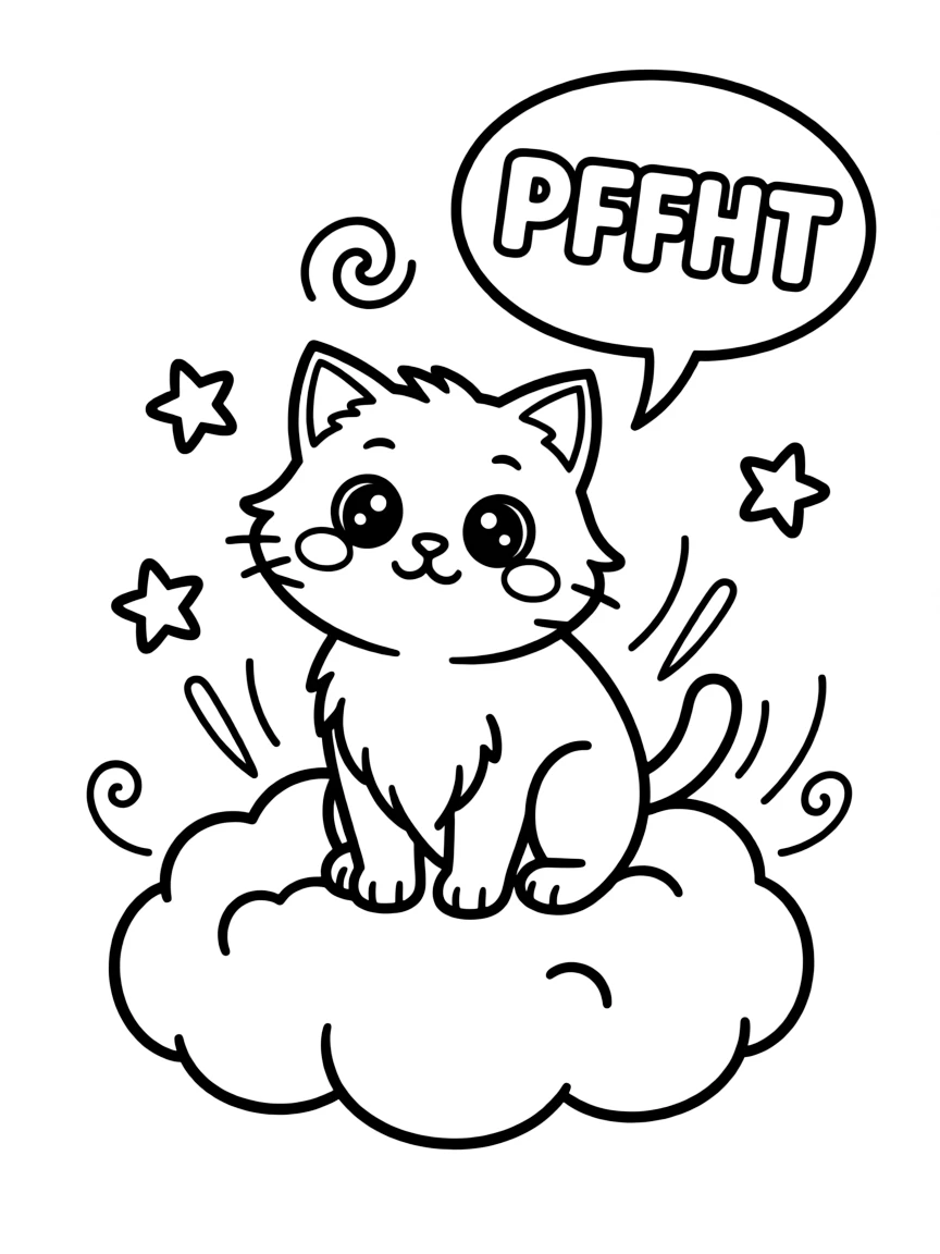 A cute cartoon cat sitting on a cloud-shaped fart, looking surprised with wide eyes and a blush, tiny stink lines and comic-style 'PFFFT' bubble floating above it, surrounded by little floating stars and swirls.