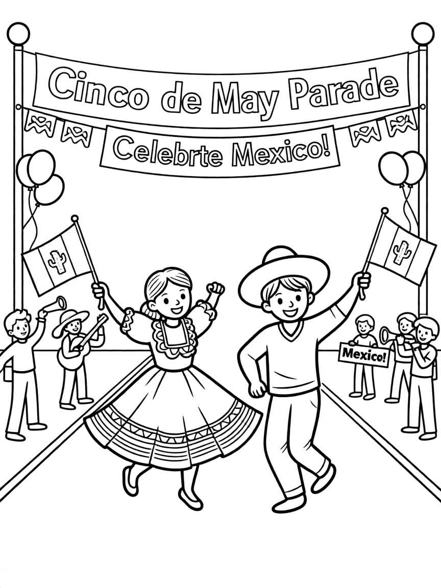 (Mexico) A festive Cinco de Mayo parade with flags and dancers