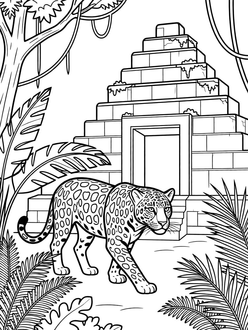 (Mexico) A jaguar prowling in the jungle near an old temple