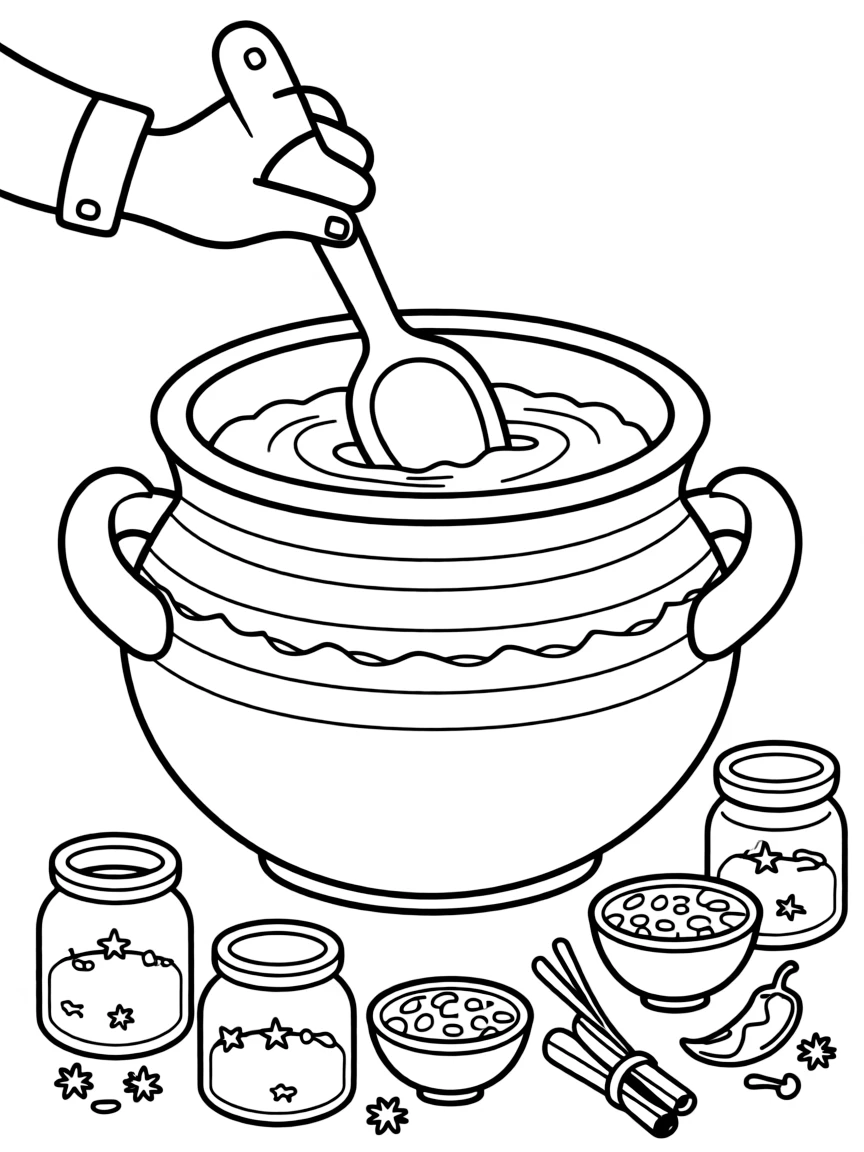 (Mexico) A clay pot of mole sauce and spices being stirred for a meal