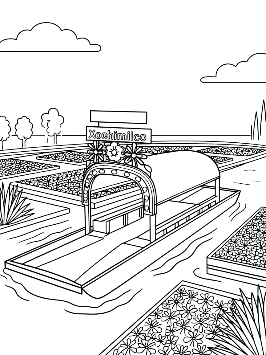 (Mexico) The floating gardens of Xochimilco with a brightly painted boat (trajinera)