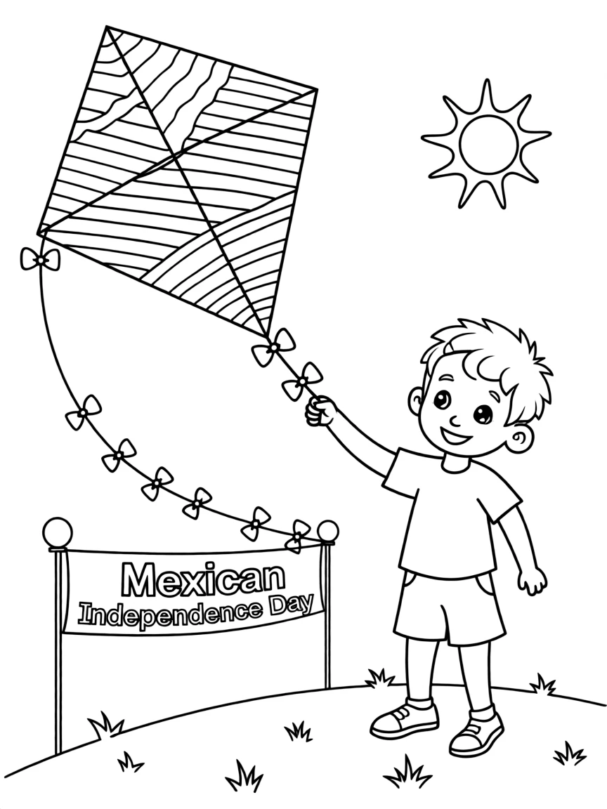 (Mexico) A boy flying a red, white, and green kite on Mexican Independence Day