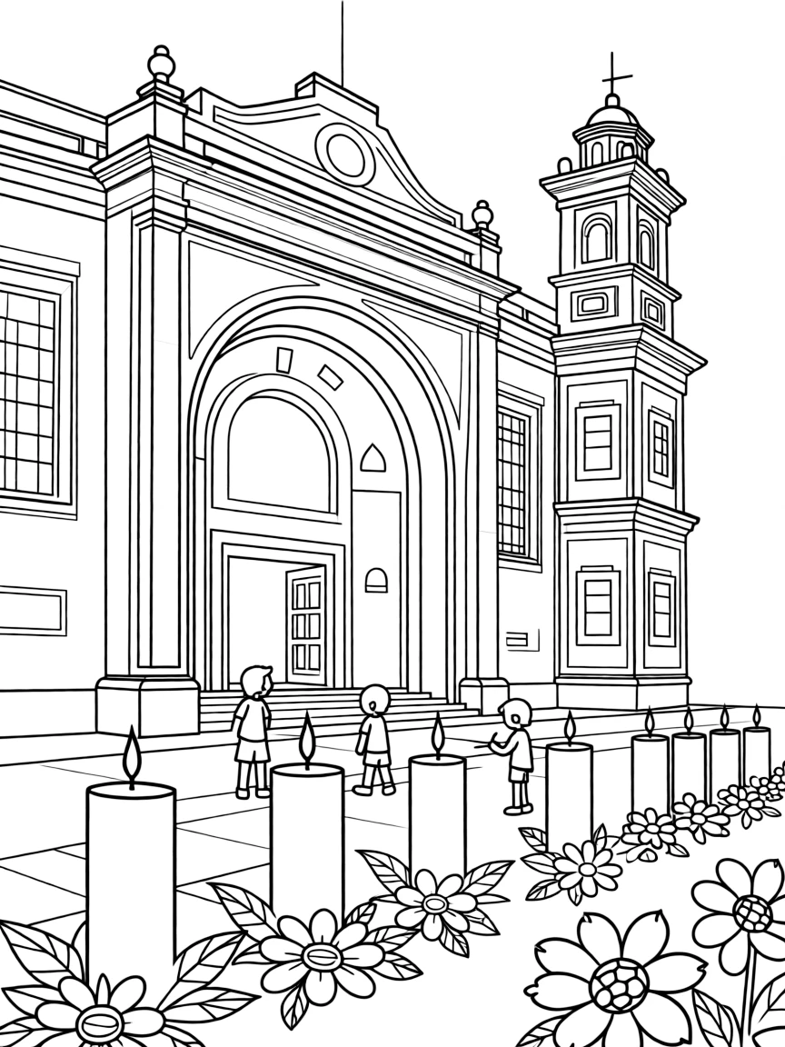 (Mexico) The Basilica of Guadalupe with candles and flowers outside